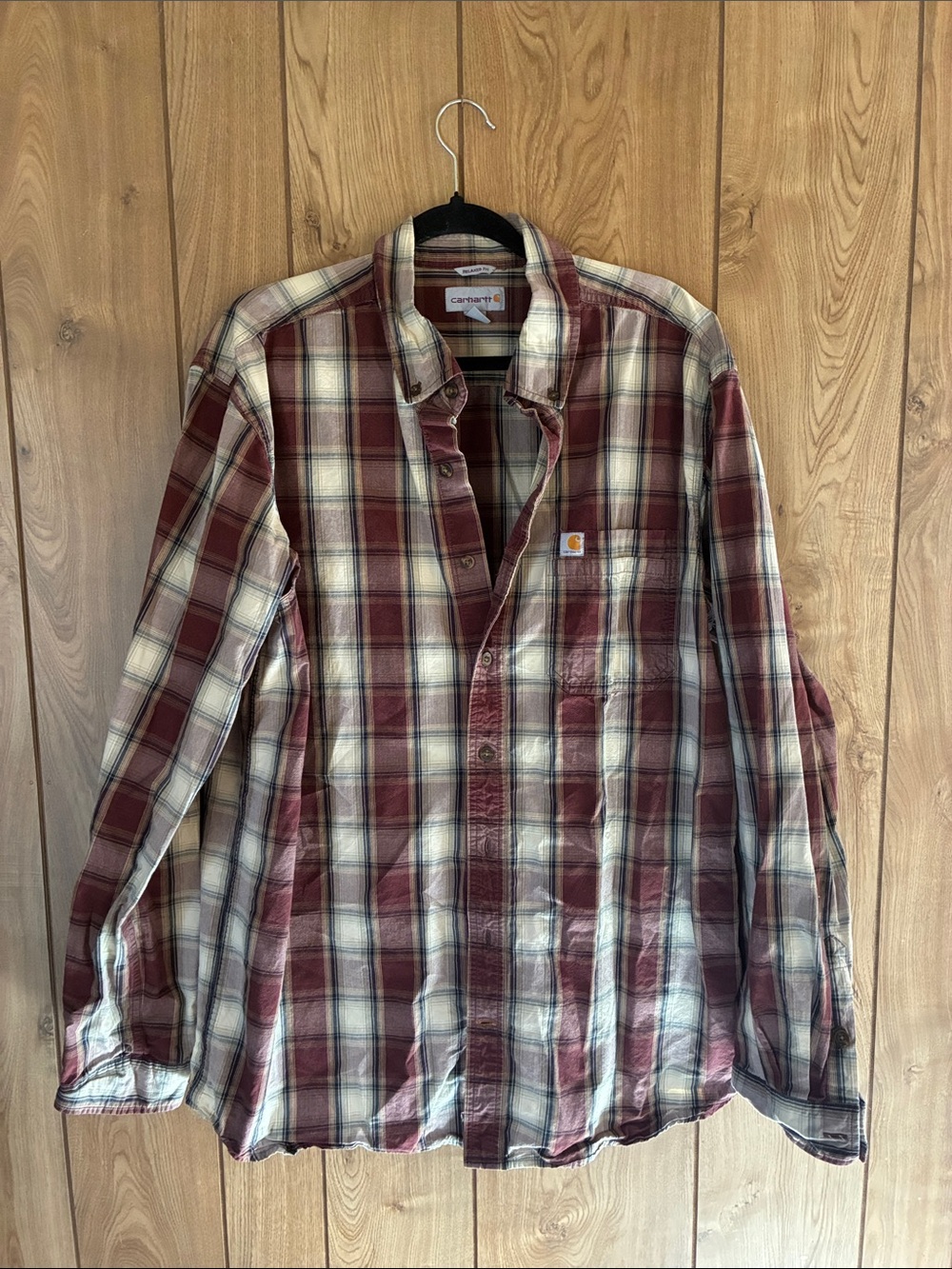 Carhartt Men’s Maroon and Cream Plaid Button-Down Shirt